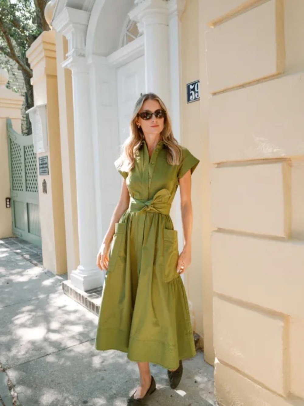 Olive Green Betty Dress - midi dress with pockets and waist tie